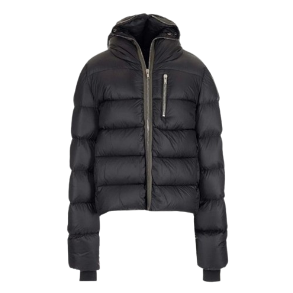 Black hooded cropped puffer jacket, front zip, Rick Owens Sealed jacket in grey/black