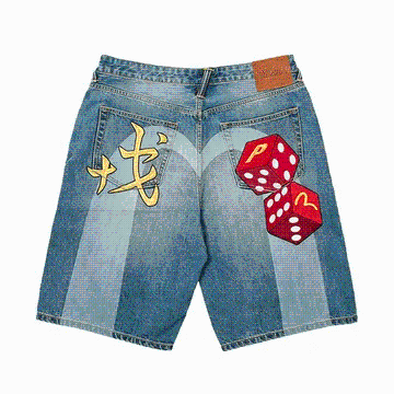 Blue Denim Shorts with Dice & Chinese Character Embroider