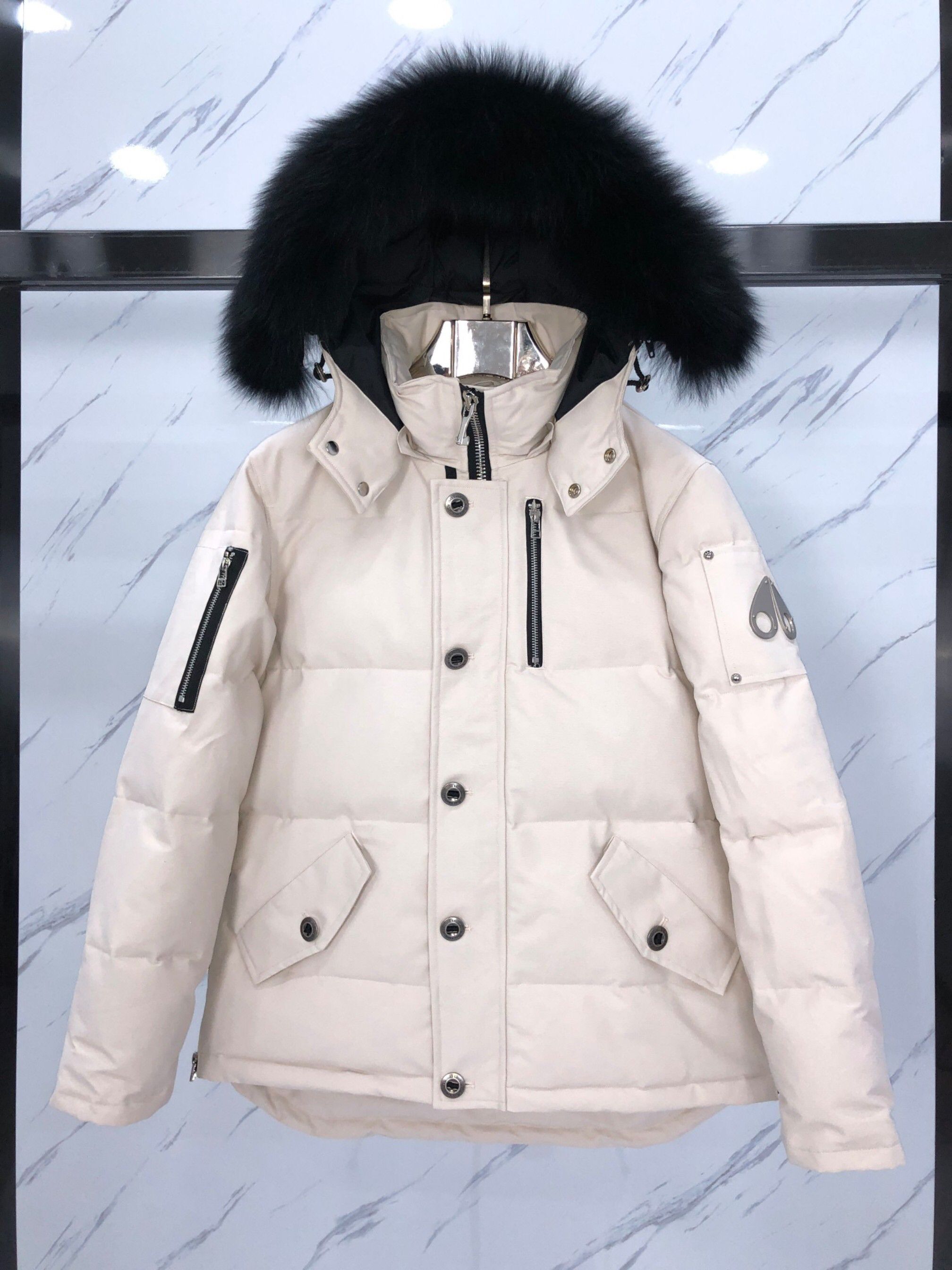 Men's Short Off-White Puffer | Moose Knuckles with Black/White Fur Trim