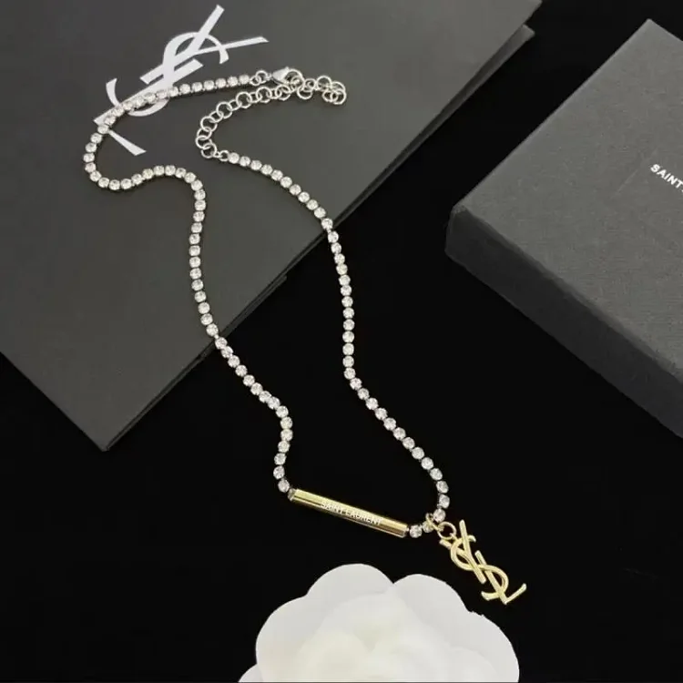 Saint Laurent YSL Crystal Necklace Silver, Jewelry