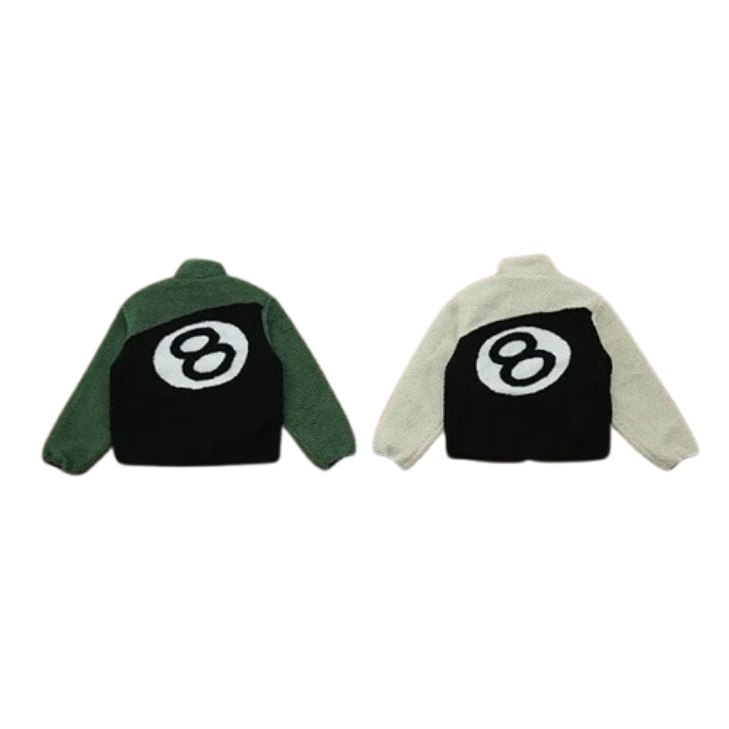 Stussy 8 Ball reversible Sherpa fleece jacket, cream/green, 8 Ball graphic